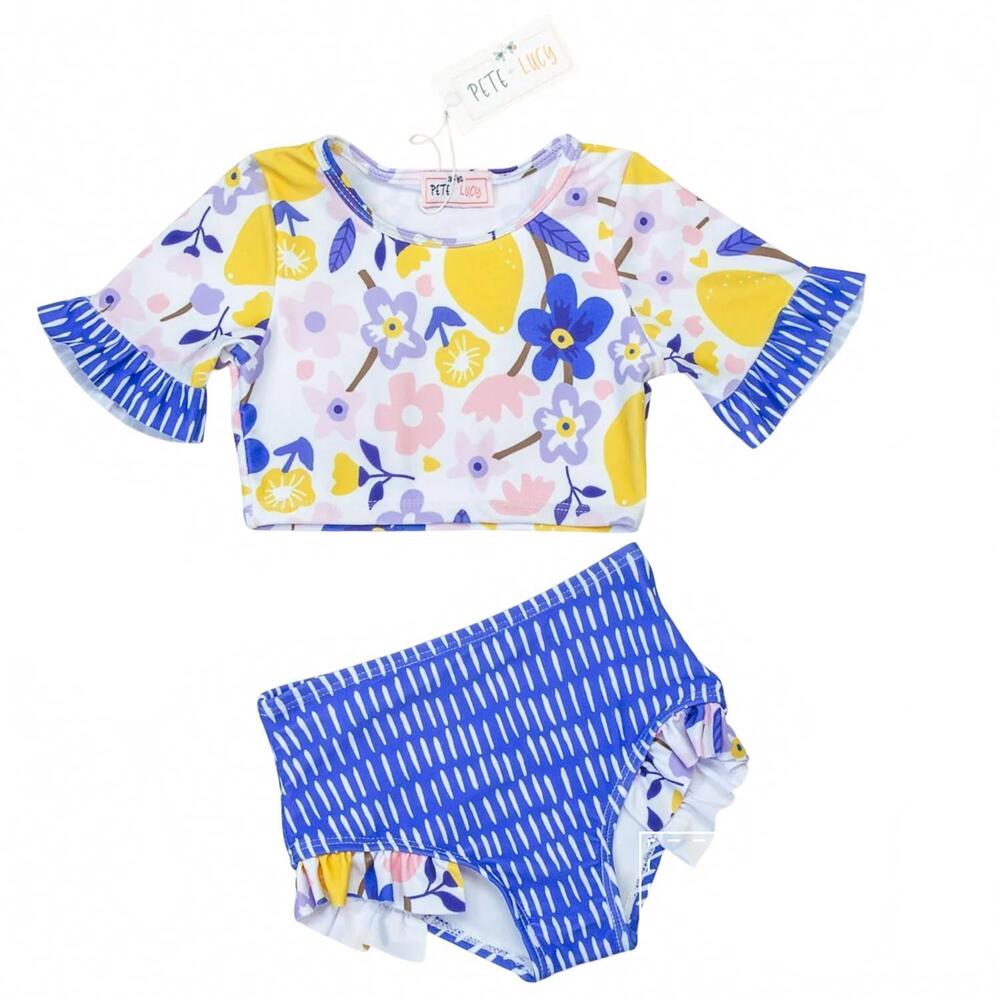 NEW PETE + LUCY girls lemon twist two piece swimsuit in blue/white